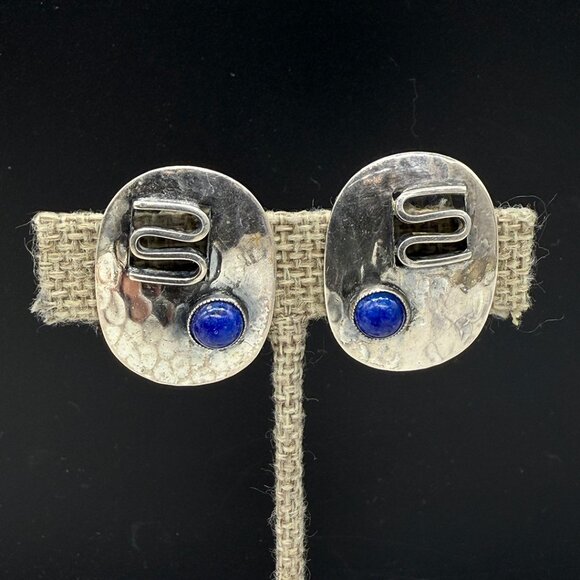 Napier 1950s Silver Plated Faux Lapis Earrings - Picture 4 of 5